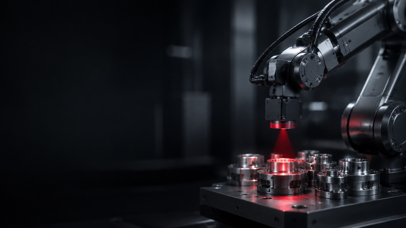 Ilustração de robô industrial inspecionando componentes com visão computacional
